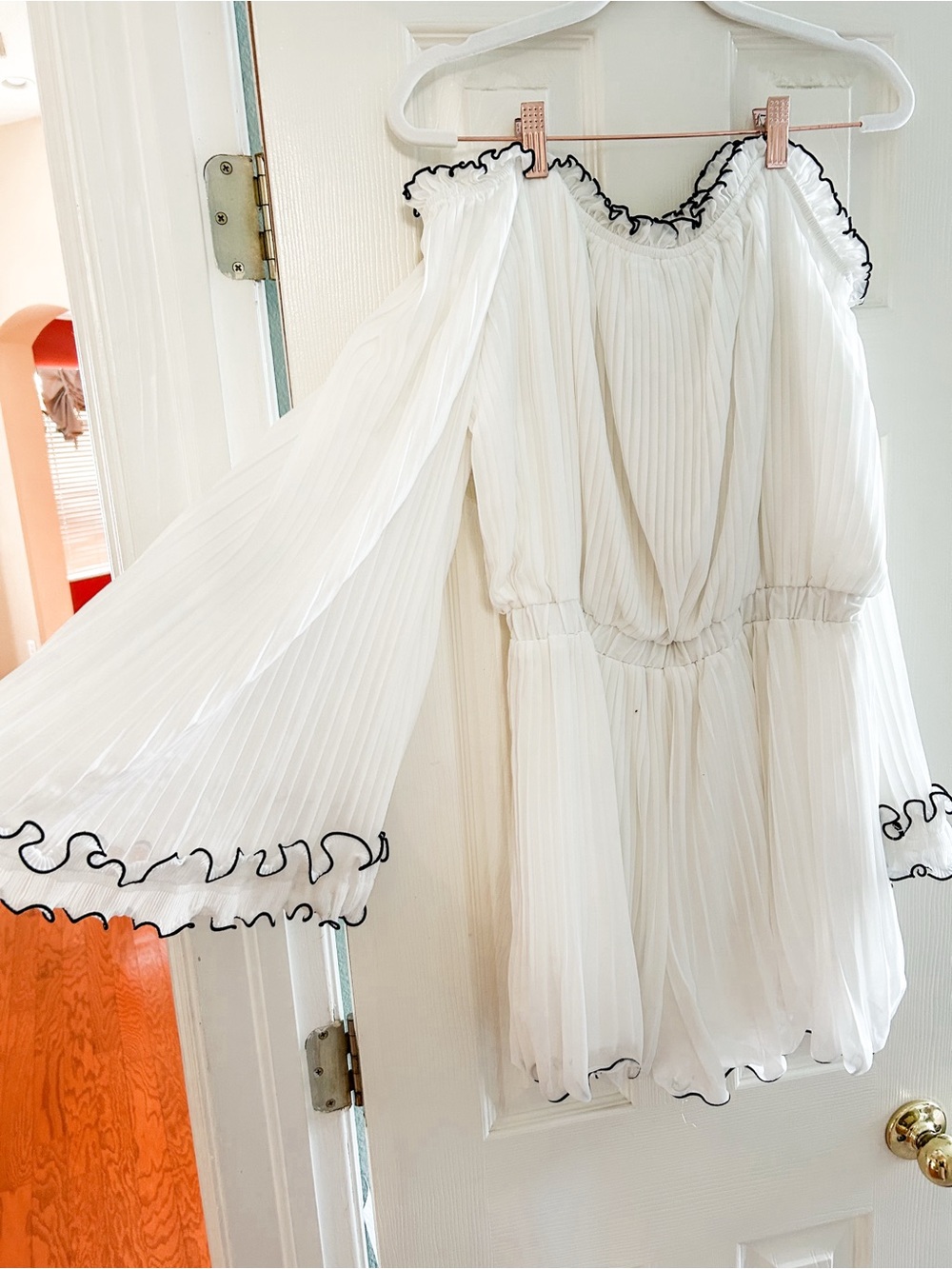 Endless Rose White Off-Shoulder Pleated Mini Dress with Black Trim